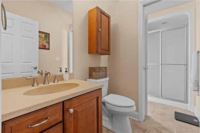 bathroom with walk in shower, vanity, toilet, and tile patterned flooring