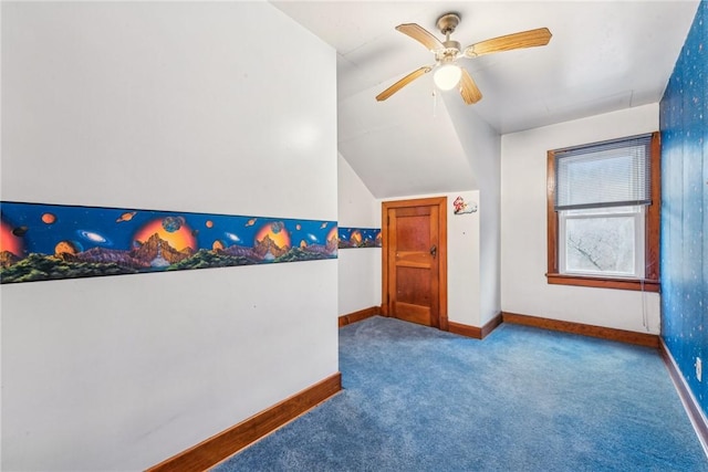 bonus room featuring lofted ceiling, ceiling fan, and carpet flooring