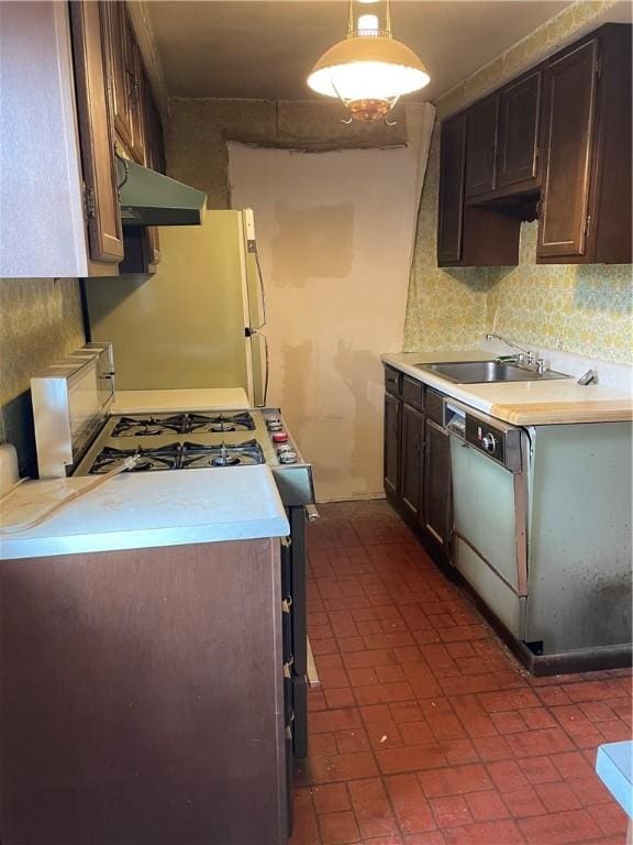 kitchen featuring sink, decorative light fixtures, ventilation hood, white appliances, and decorative backsplash