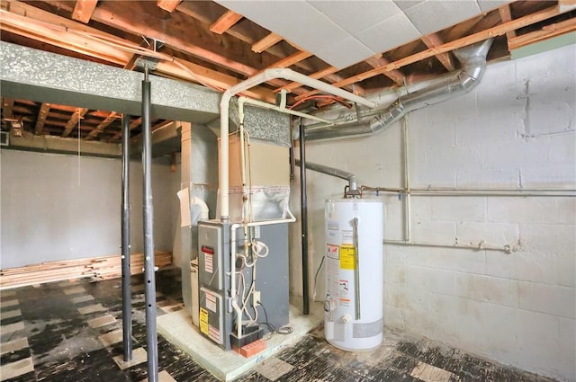 utility room featuring water heater and heating unit