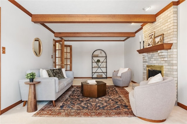 carpeted living room featuring crown molding, beam ceiling, and a brick fireplace