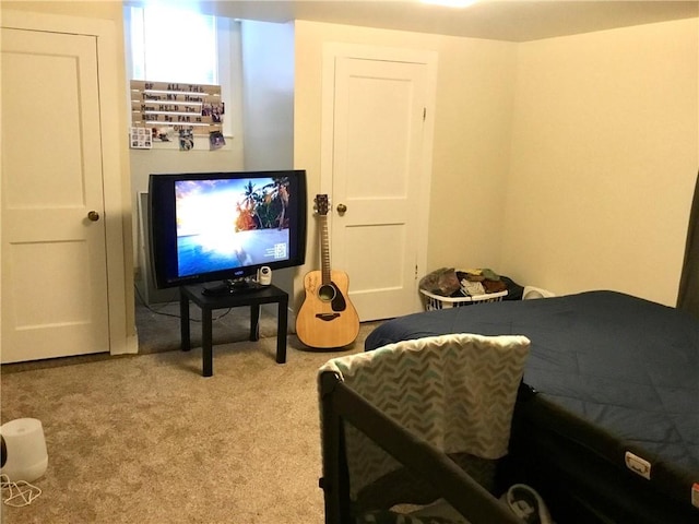 bedroom featuring light colored carpet