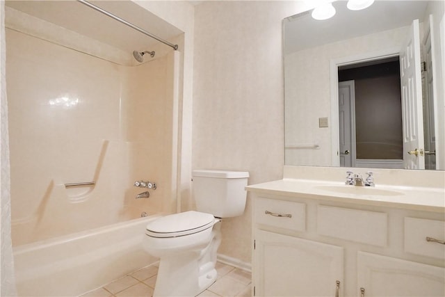 full bathroom with shower / bathing tub combination, vanity, tile patterned floors, and toilet