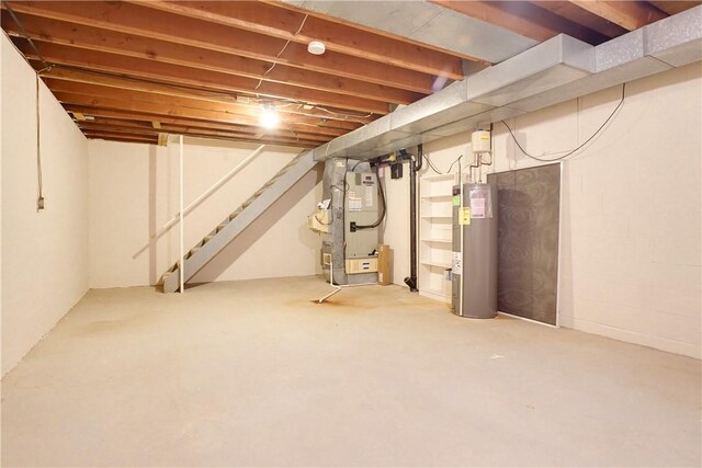 basement with heating unit and electric water heater