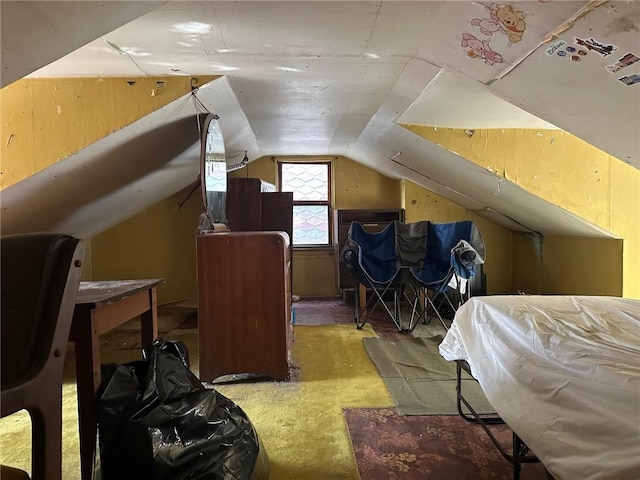 interior space with vaulted ceiling and wood walls