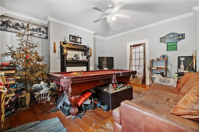 office area with wood-type flooring, ornamental molding, ceiling fan, and billiards