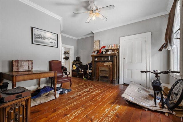 office area with hardwood / wood-style flooring, ceiling fan, ornamental molding, and plenty of natural light