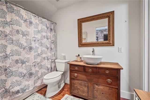 bathroom featuring vanity, curtained shower, and toilet