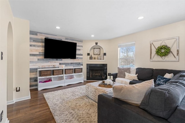 living room with dark hardwood / wood-style floors