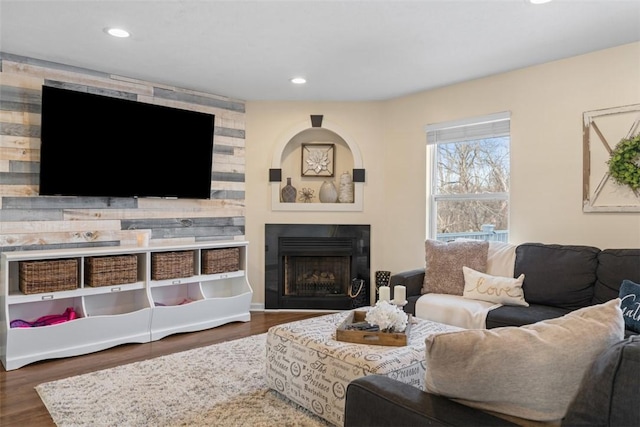 living room with dark wood-type flooring