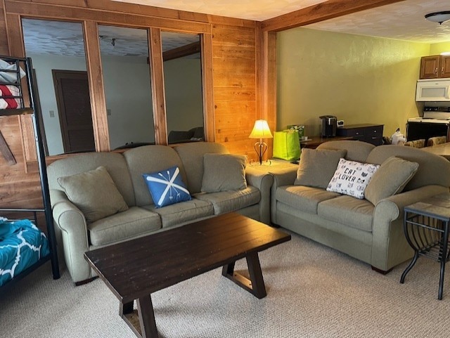 living room featuring carpet and wooden walls