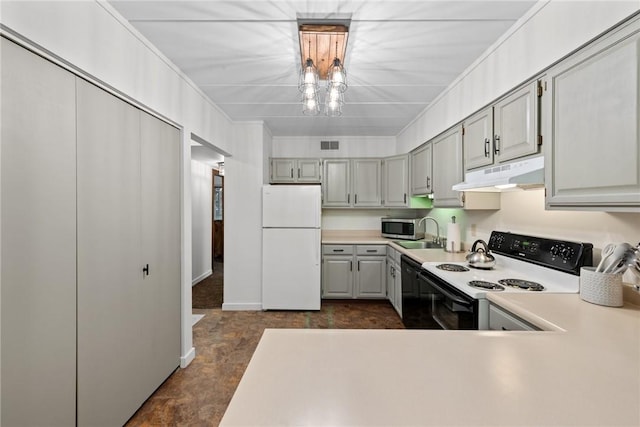 kitchen with sink, gray cabinets, electric range oven, black dishwasher, and white refrigerator