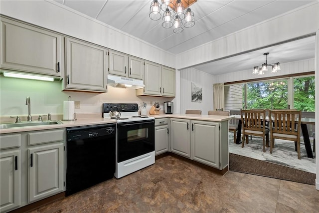 kitchen featuring sink, dishwasher, an inviting chandelier, range with electric stovetop, and kitchen peninsula