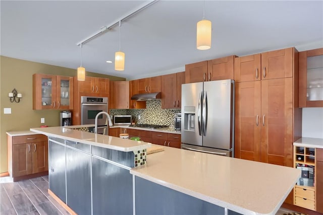 kitchen with stainless steel appliances, pendant lighting, and a large island with sink