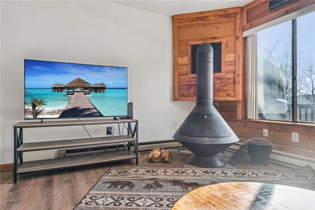 interior details with hardwood / wood-style floors and a wood stove