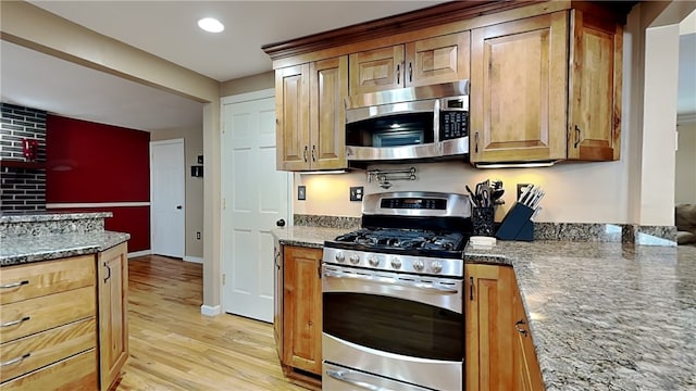 kitchen with light wood-type flooring, stainless steel appliances, and stone countertops