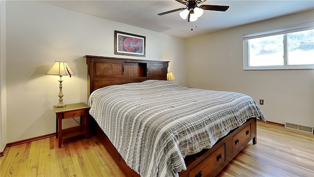 bedroom featuring light hardwood / wood-style floors and ceiling fan