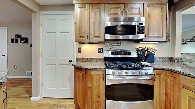 kitchen featuring light wood-type flooring, light stone countertops, and appliances with stainless steel finishes