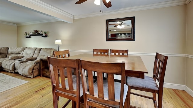 dining space with ornamental molding, light hardwood / wood-style floors, and ceiling fan