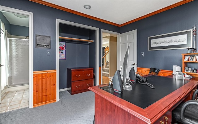 office with ornamental molding and carpet flooring