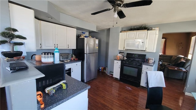 kitchen with stainless steel fridge, ceiling fan, black gas stove, white cabinetry, and dark hardwood / wood-style floors