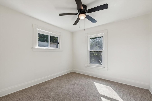 spare room featuring ceiling fan and carpet flooring