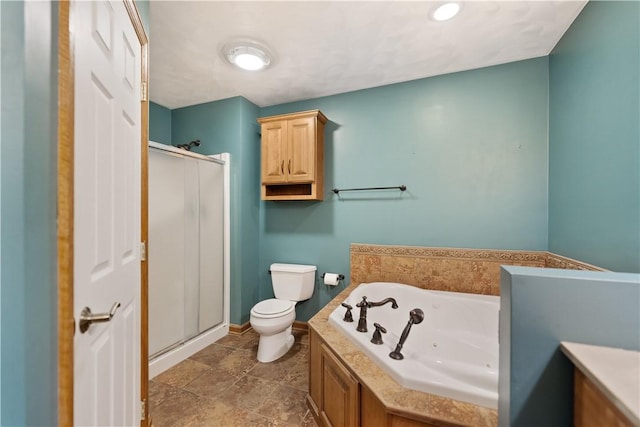 bathroom featuring toilet and shower with separate bathtub