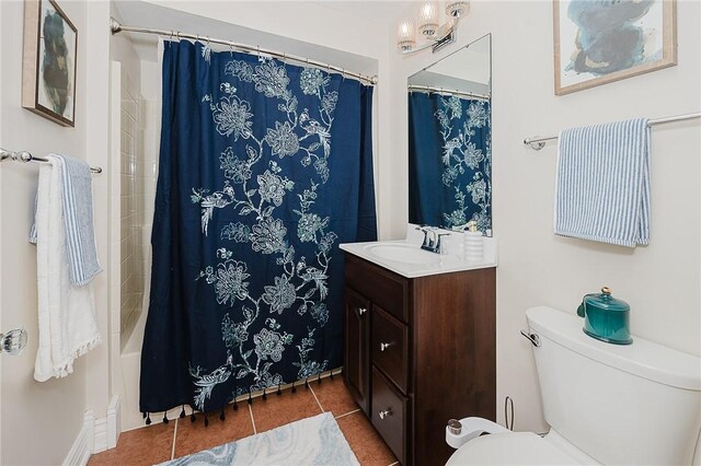 full bathroom featuring shower / bathtub combination with curtain, vanity, toilet, and tile patterned flooring