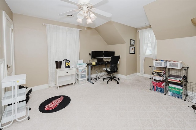 carpeted office with ceiling fan and lofted ceiling