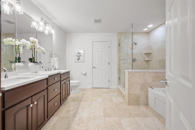 full bathroom featuring plus walk in shower, vanity, and toilet