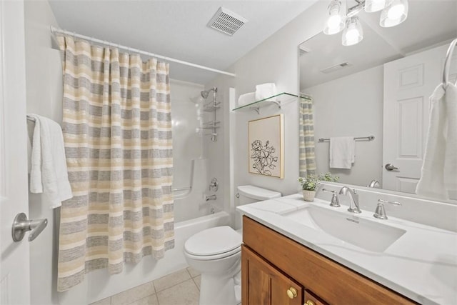 full bathroom with shower / tub combo, vanity, tile patterned flooring, and toilet