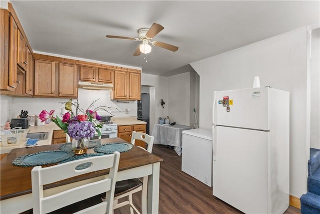 kitchen with refrigerator, dark wood-type flooring, ceiling fan, and white refrigerator