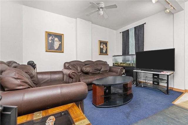 living room with track lighting and ceiling fan