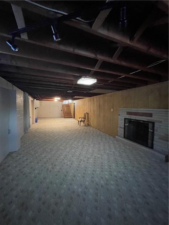 basement featuring carpet floors and wood walls