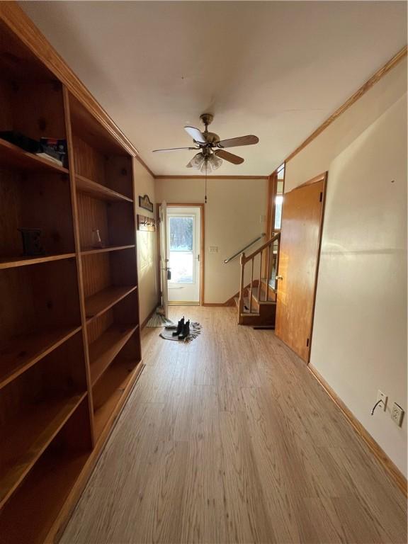 empty room with ornamental molding, ceiling fan, and light wood-type flooring