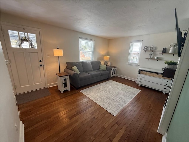 living room with plenty of natural light and dark hardwood / wood-style floors