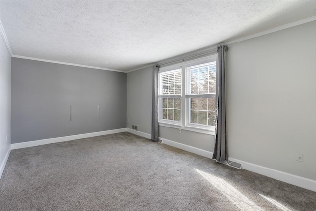 spare room with crown molding, carpet flooring, and a textured ceiling