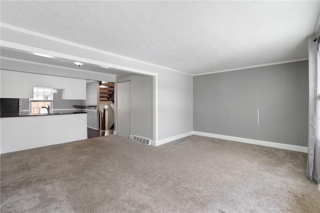 unfurnished living room featuring crown molding, sink, carpet, and a textured ceiling