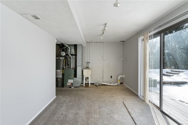 basement with sink, gas water heater, rail lighting, and carpet flooring