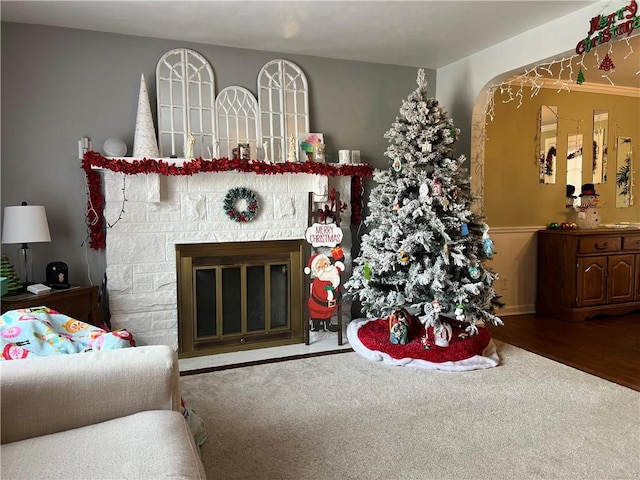 living room with a fireplace