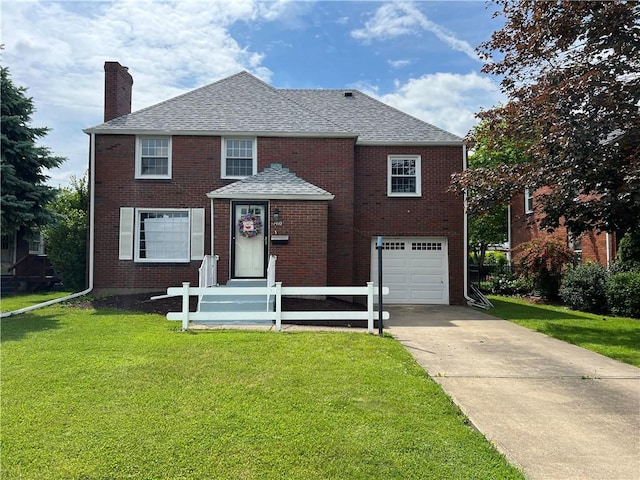 1410 Union Ave, Natrona Hts/Harrison Twp, PA 15065 - traditional-style home featuring driveway, a chimney, roof with shingles, an attached garage, and a front lawn