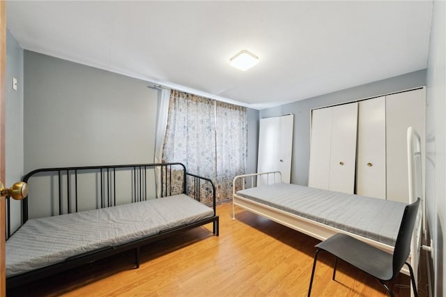 bedroom with two closets and light wood-type flooring