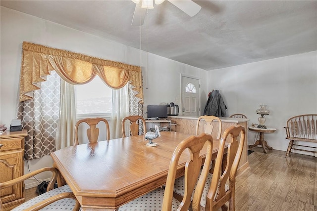 dining room with hardwood / wood-style floors and ceiling fan