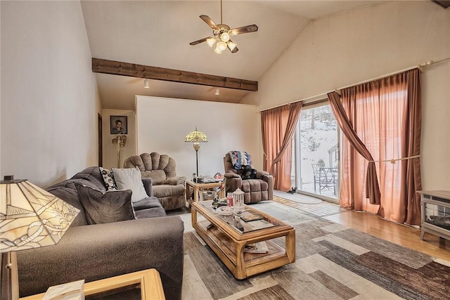 living room with hardwood / wood-style floors, beam ceiling, high vaulted ceiling, and ceiling fan