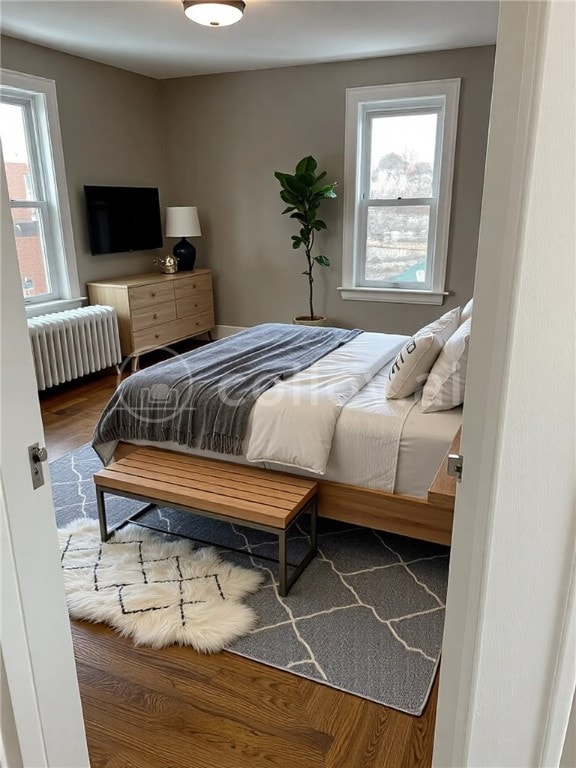 bedroom featuring multiple windows, radiator heating unit, and wood finished floors