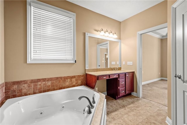 bathroom with vanity, tile patterned floors, and tiled bath