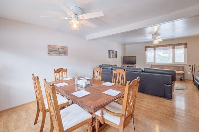 dining area featuring beamed ceiling, ceiling fan, radiator heating unit, and light hardwood / wood-style flooring