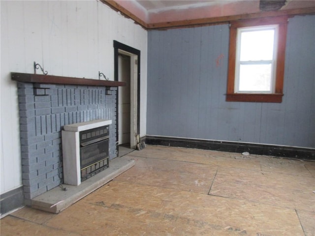 interior space with a brick fireplace