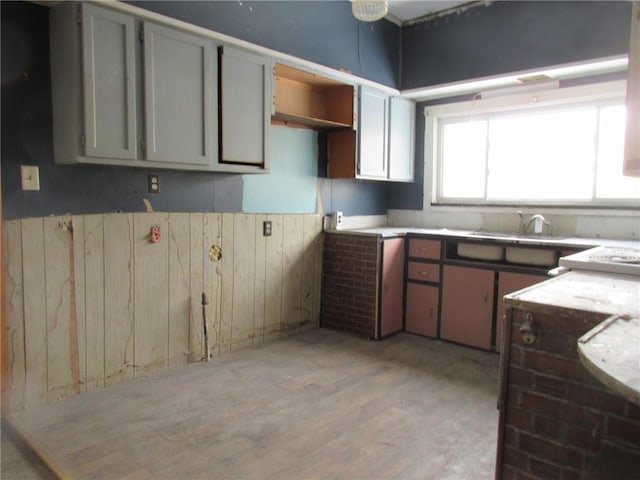 kitchen featuring sink, light wood-type flooring, and wood walls