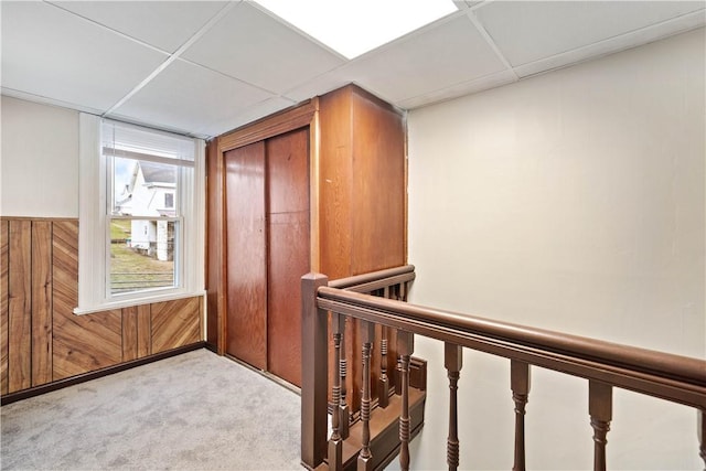 hall featuring light carpet, wooden walls, and a paneled ceiling